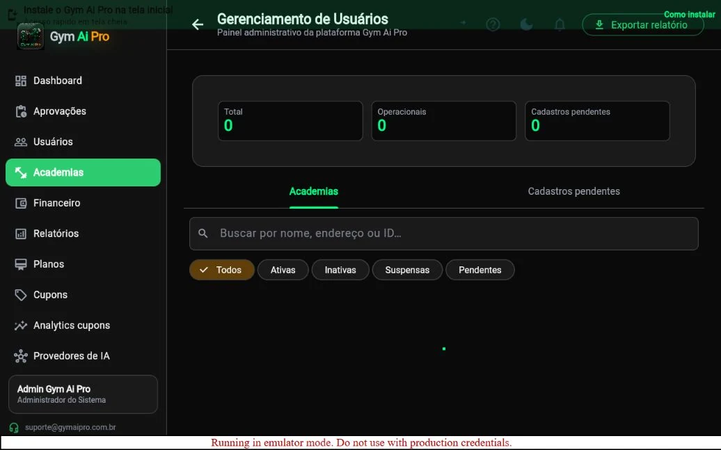 Tela Academias da plataforma