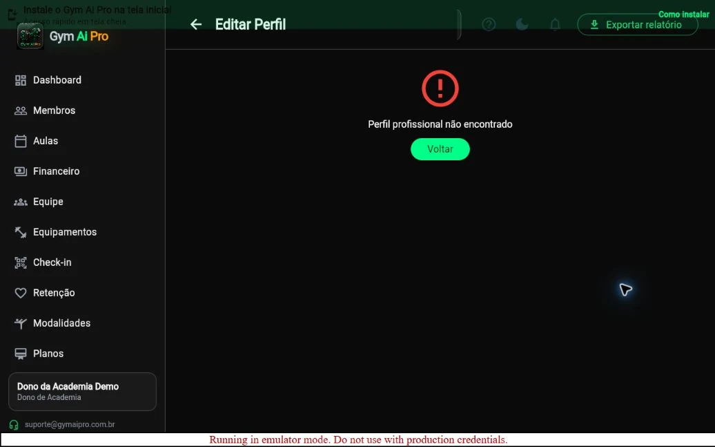 Tela oficial do Gym Ai Pro: Configurações