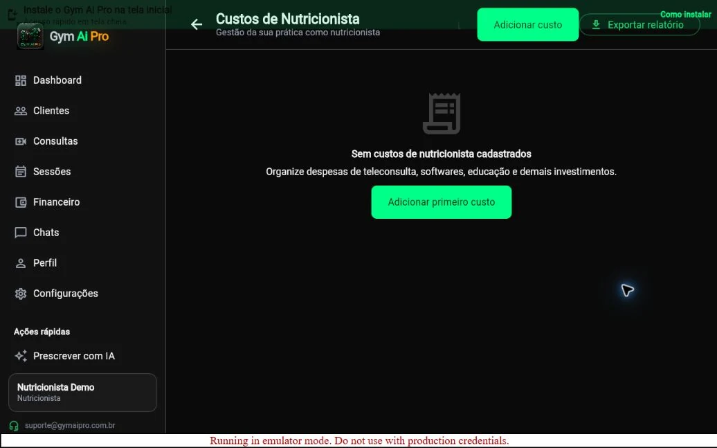Tela oficial do Gym Ai Pro: Custos