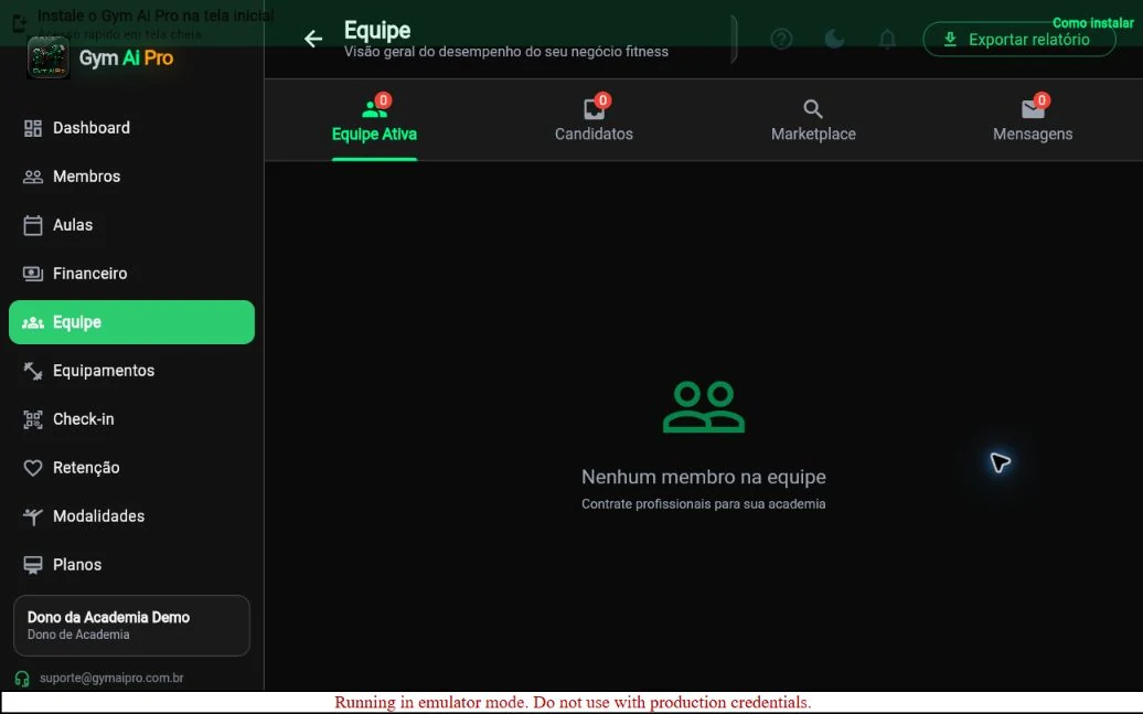 Tela oficial do Gym Ai Pro: Equipe
