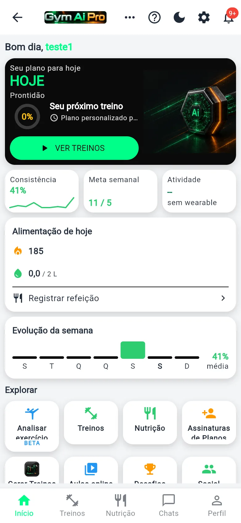 Tela inicial do Gym Ai Pro: consistência da semana, meta semanal, as calorias registradas hoje e os dias em que houve treino