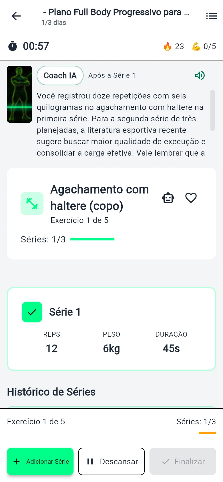 Série registrada no Gym Ai Pro: o Coach IA comenta a primeira série e o cartão mostra 12 repetições, 6 kg e 45 segundos