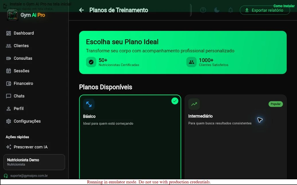 Tela oficial do Gym Ai Pro: Planos alimentares