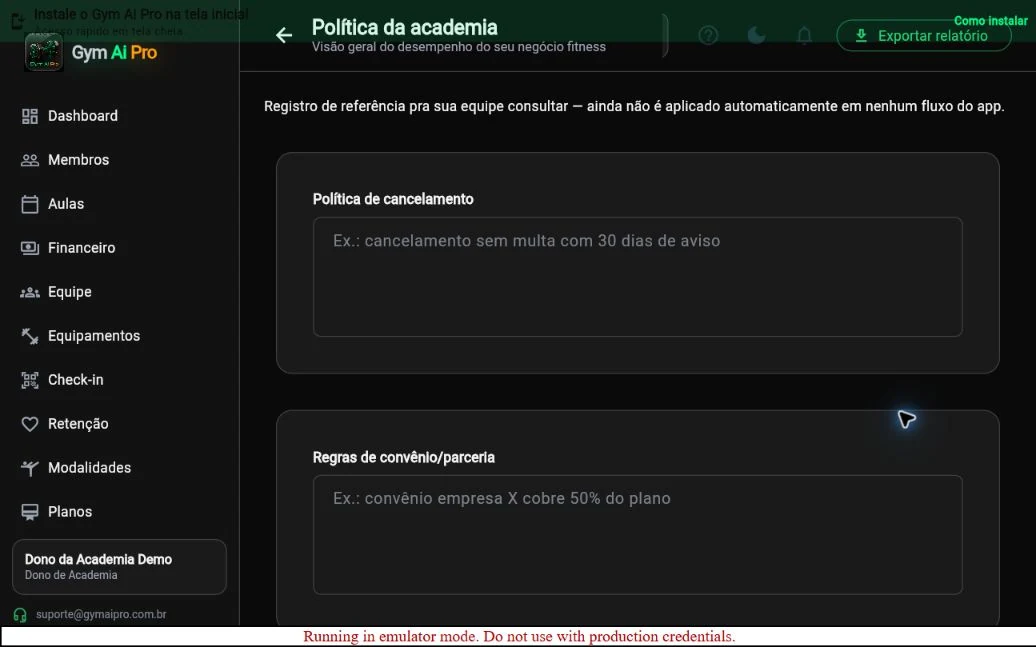 Tela oficial do Gym Ai Pro: Políticas