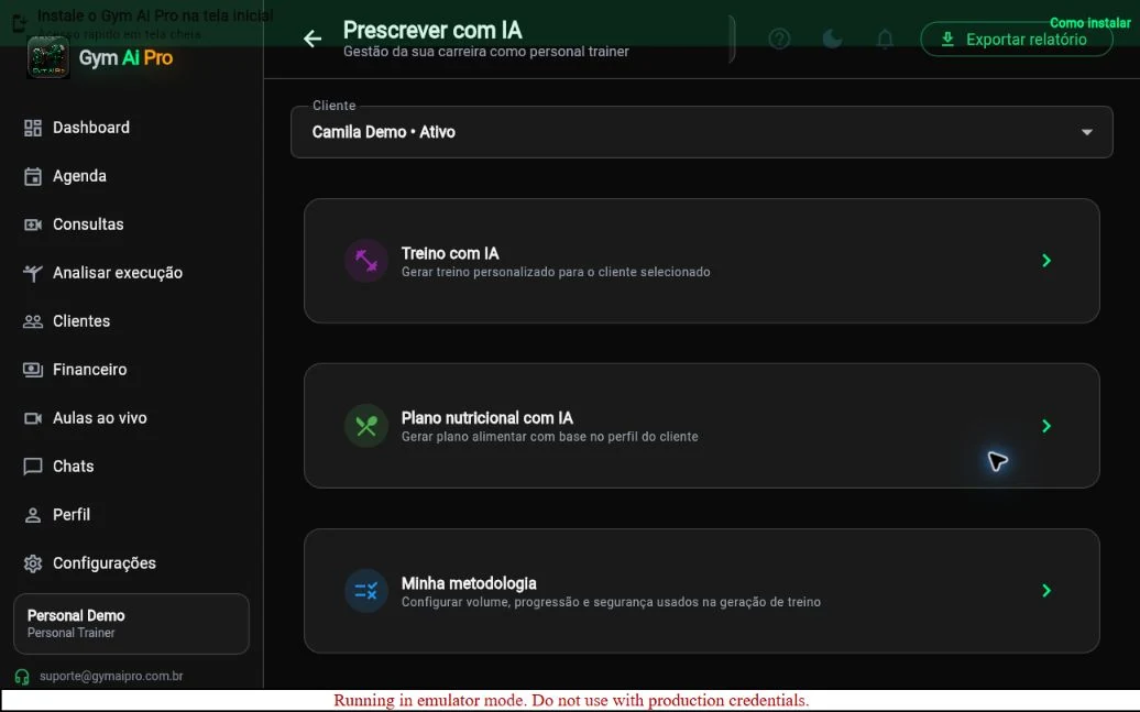 Tela oficial do Gym Ai Pro: Prescrição com IA