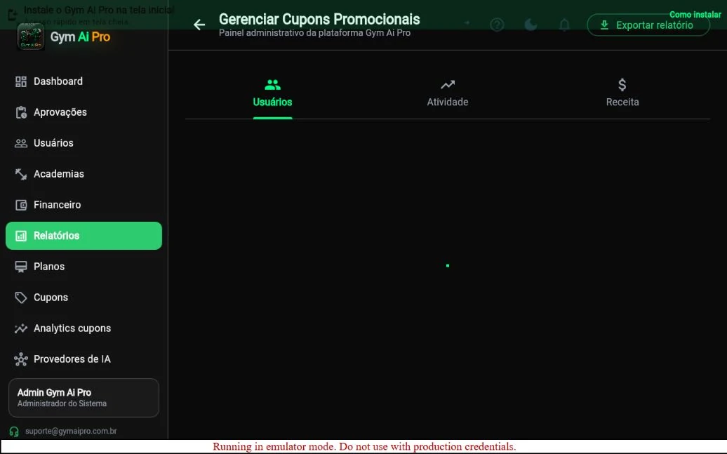 Tela Relatórios da plataforma